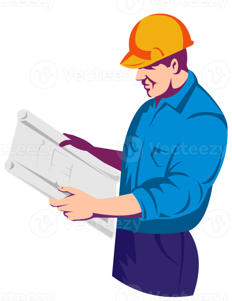 engenheiro trabalhador da construção civil com plano de construção png