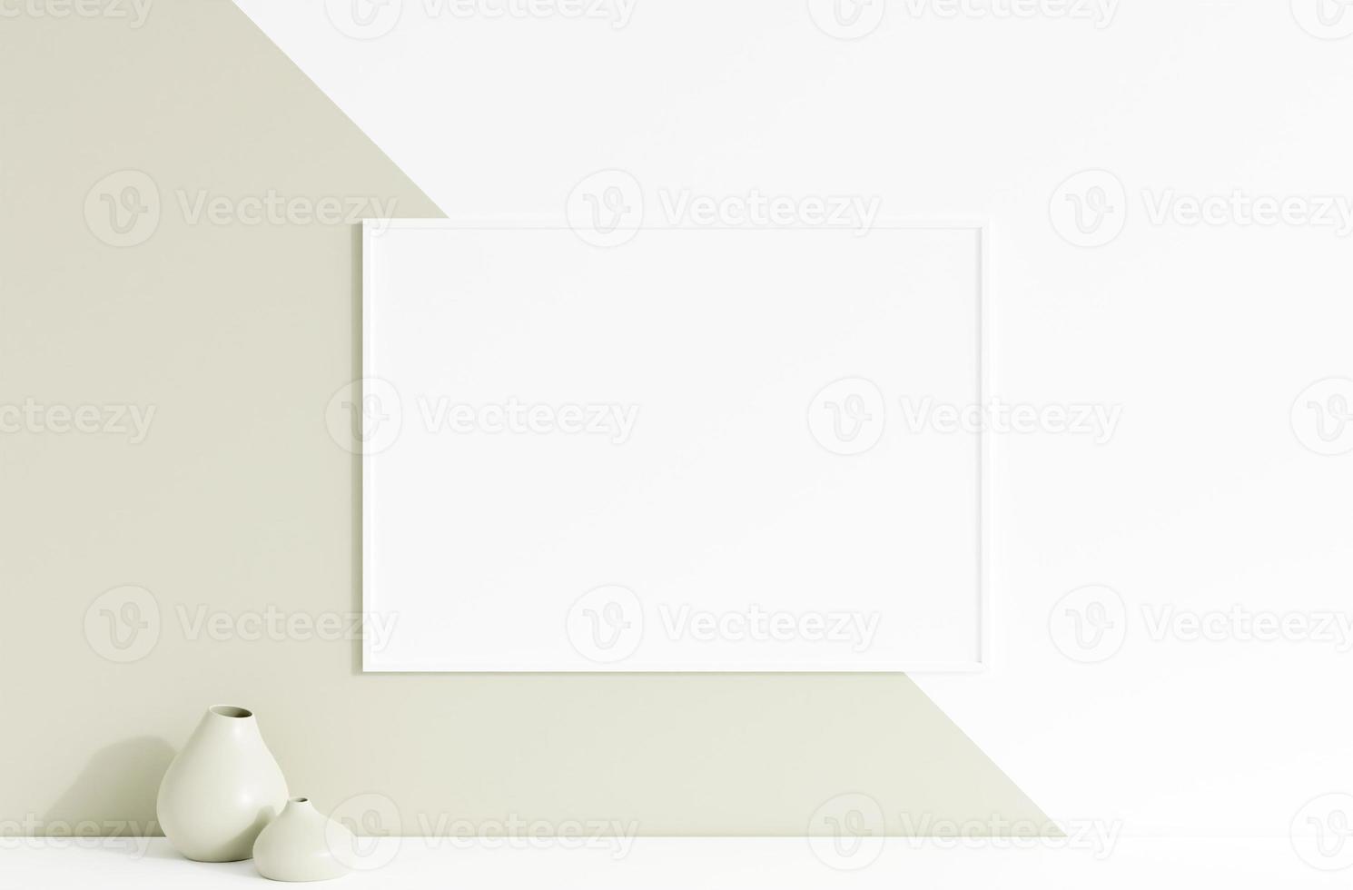 Clean and minimalist front view horizontal white photo or poster frame mockup hanging on the wall with vase. 3d rendering.