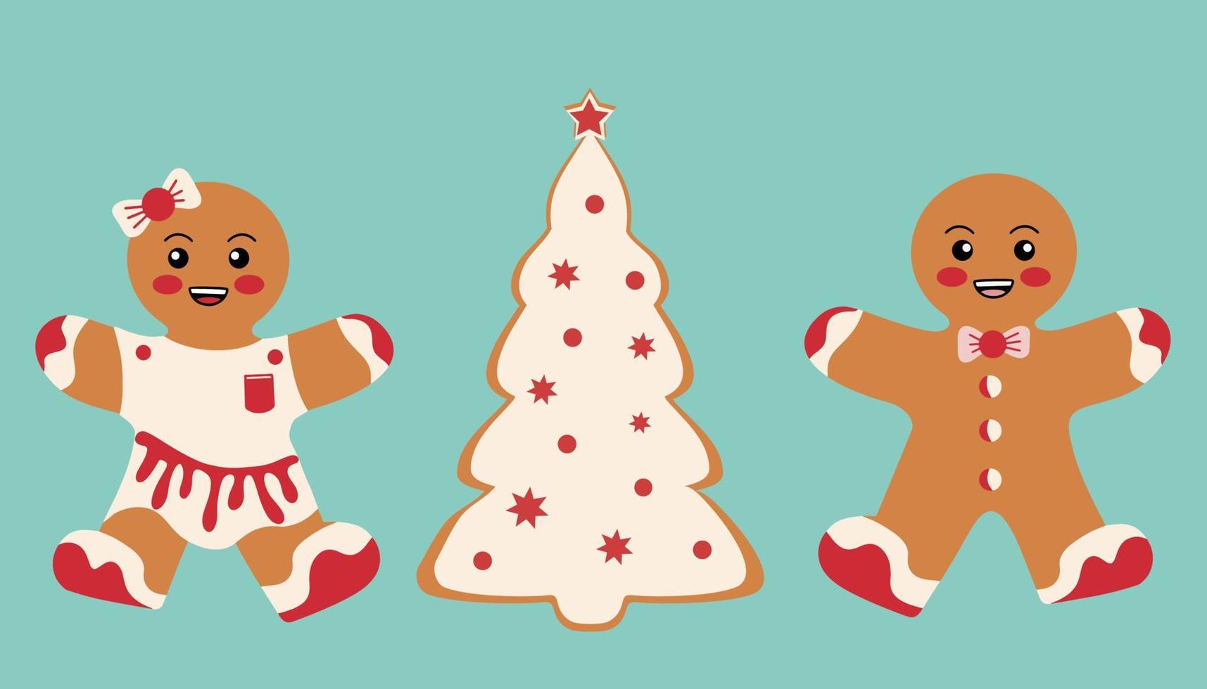 galletas festivas con hombres de pan de jengibre y árbol de navidad. decoración de feliz navidad. Feliz Navidad. celebración de año nuevo y navidad vector