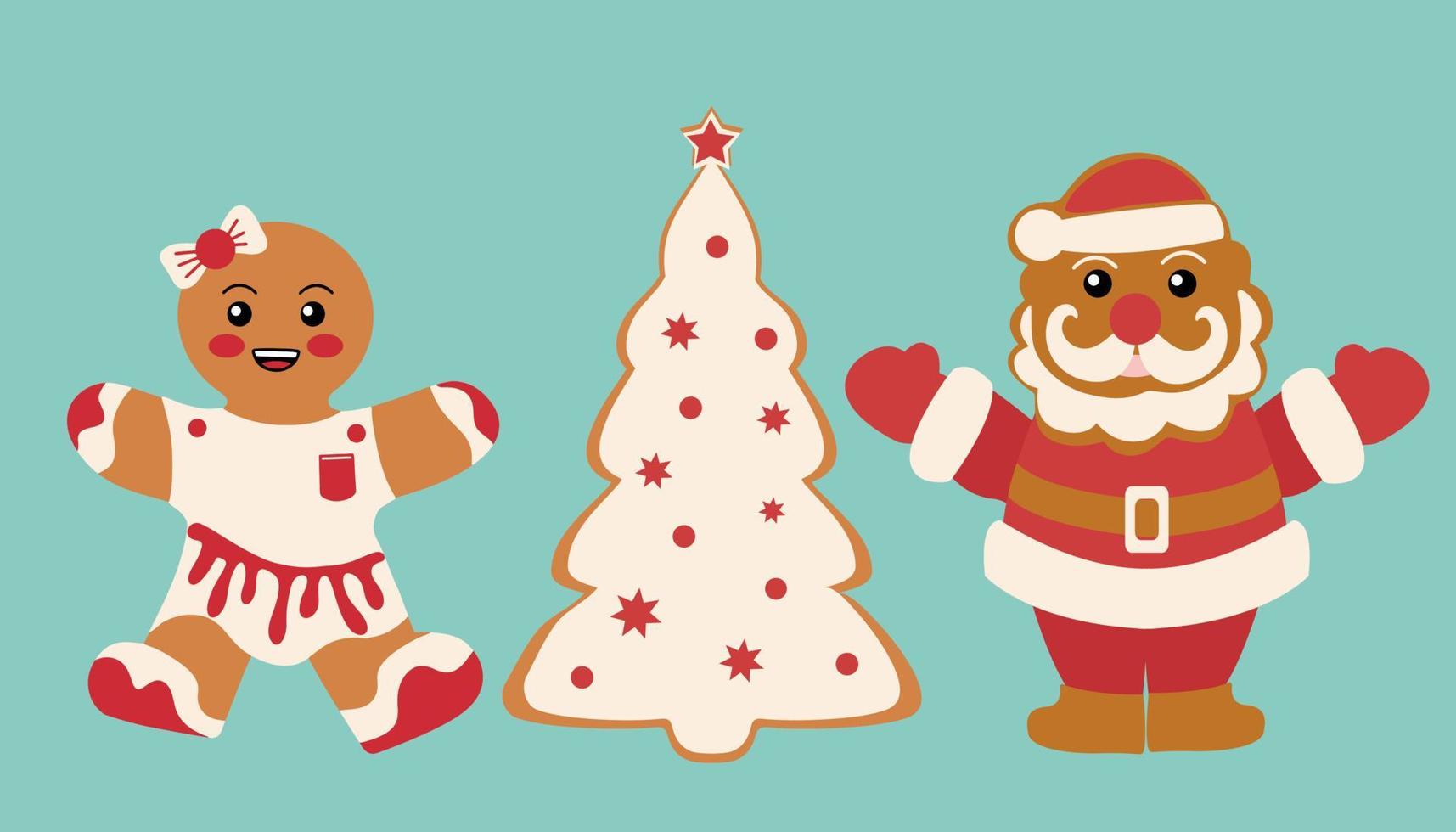 Festive cookie with gingerbread man and santa. Merry Christmas decoration.New Year and Christmas celebration vector