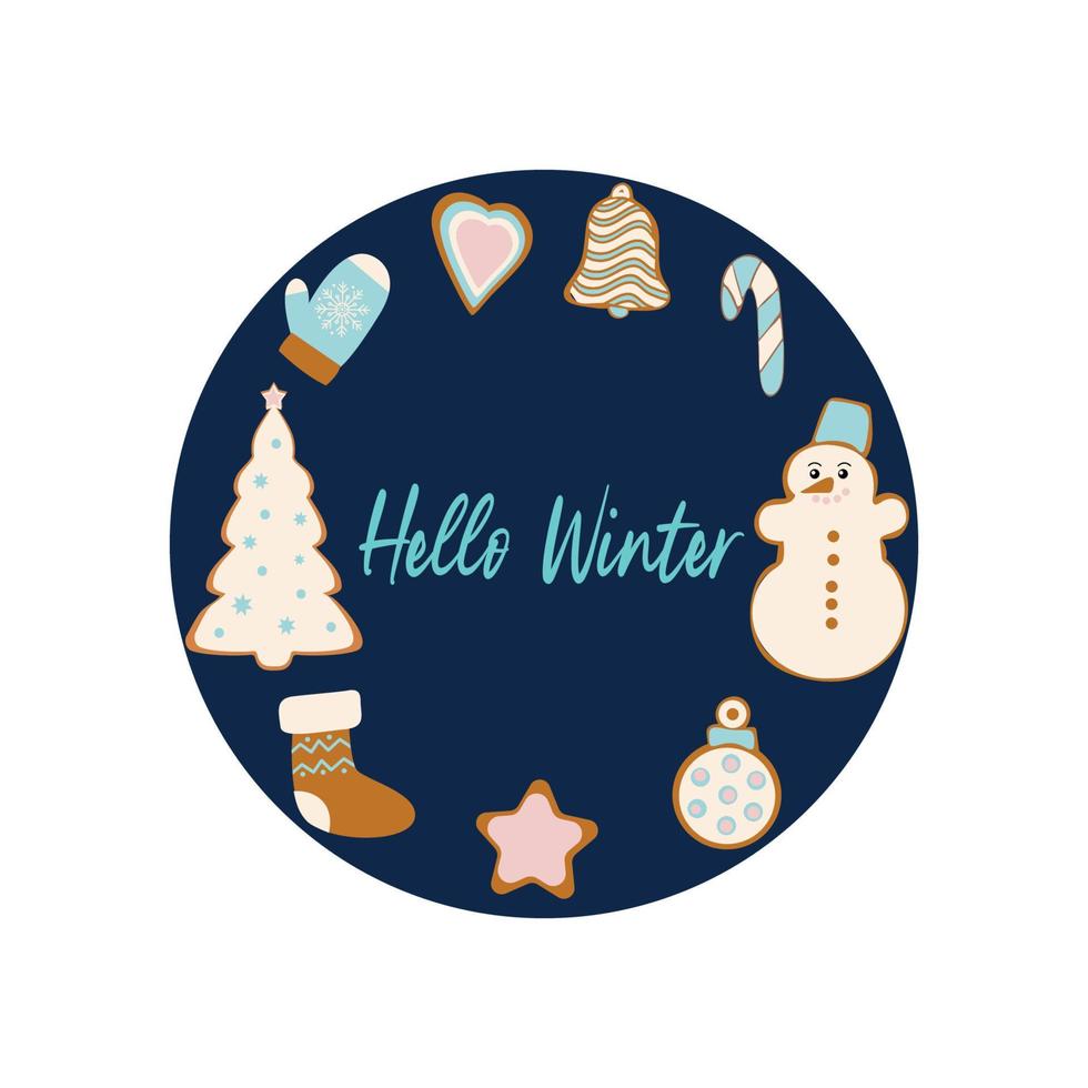 Hello winter. Festive gingerbread banner. Vector illustration.