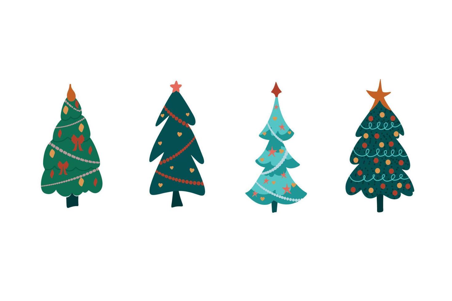 Set of cartoon Christmas trees, pines for greeting card, invitation, banner, web. New Years and xmas traditional symbol tree with garlands, light bulb, star. Winter holiday. Flat design, vector