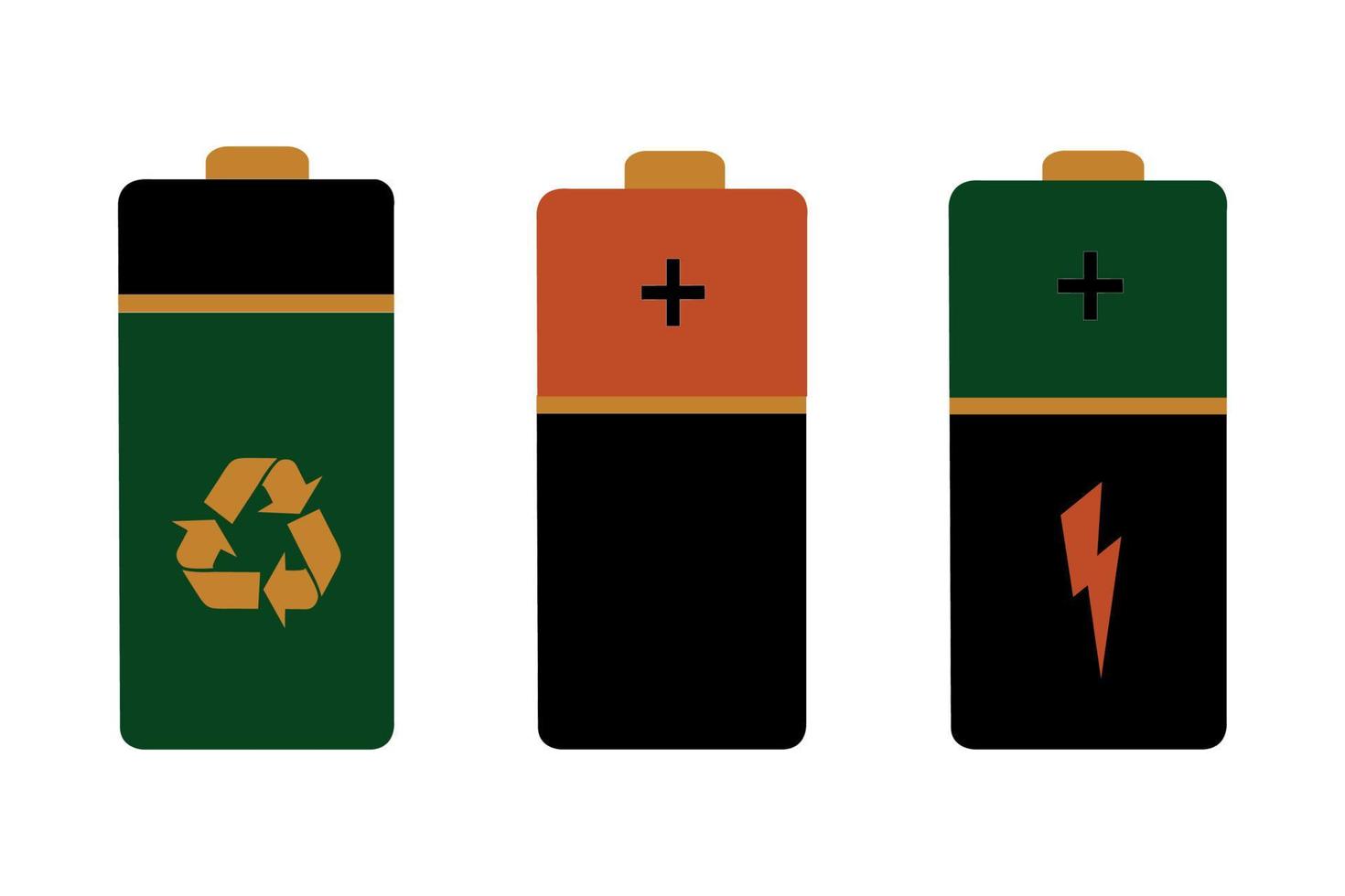 Vector illustration of isolated cylindrical batteries. Alkaline bottle, battery. Group of colored batteries of different sizes on a white background.