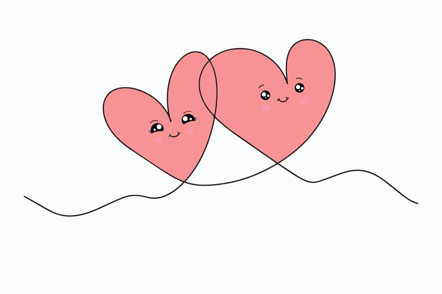 Continuous drawing of two hearts and the inscription love. A couple of hearts. Fashion minimalist illustration. Single line abstract drawing vector