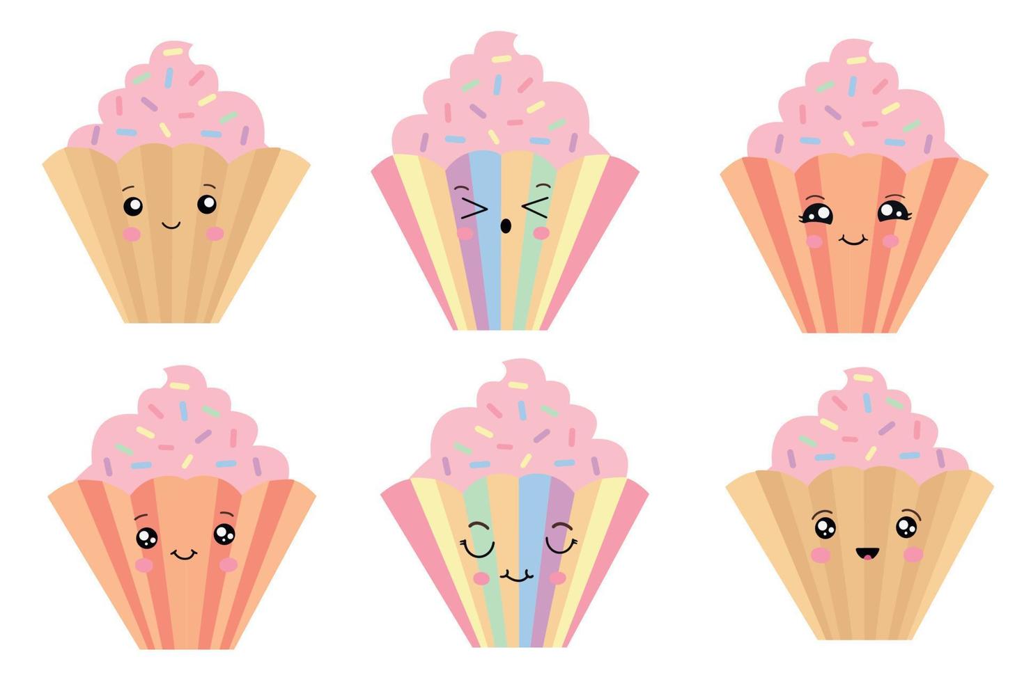 Set of delicious cupcakes in kawaii style. Dessert vector illustration design