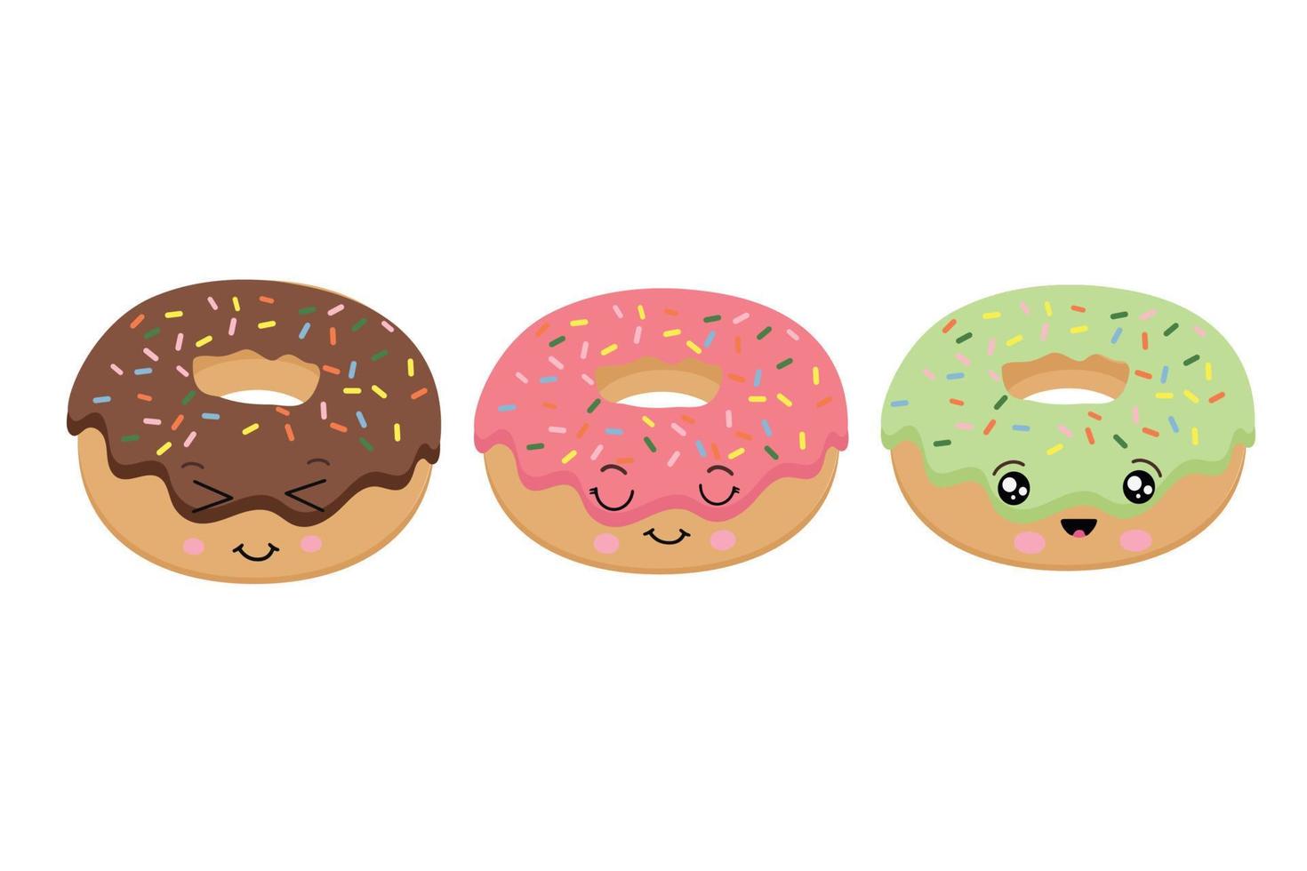 un conjunto de rosquillas brillantes con lindos emoticonos. ilustración vectorial de postres. colección de pasteles dulces vector