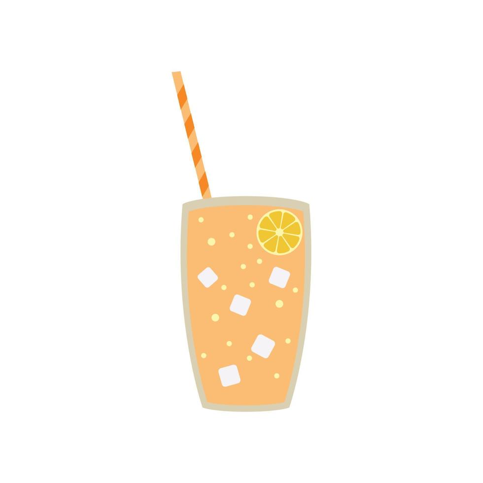 Glass of lemonade with ice cubes, lemon slice, cocktail tube. Vector illustration in a flat style on a white background.