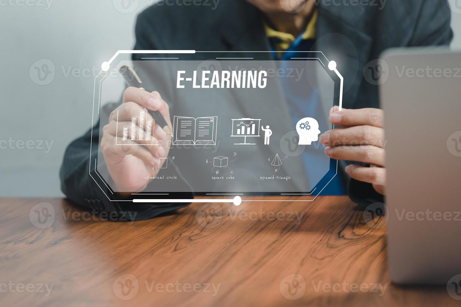 Man touching screen virtual icon e learning education online Technology internet network. photo