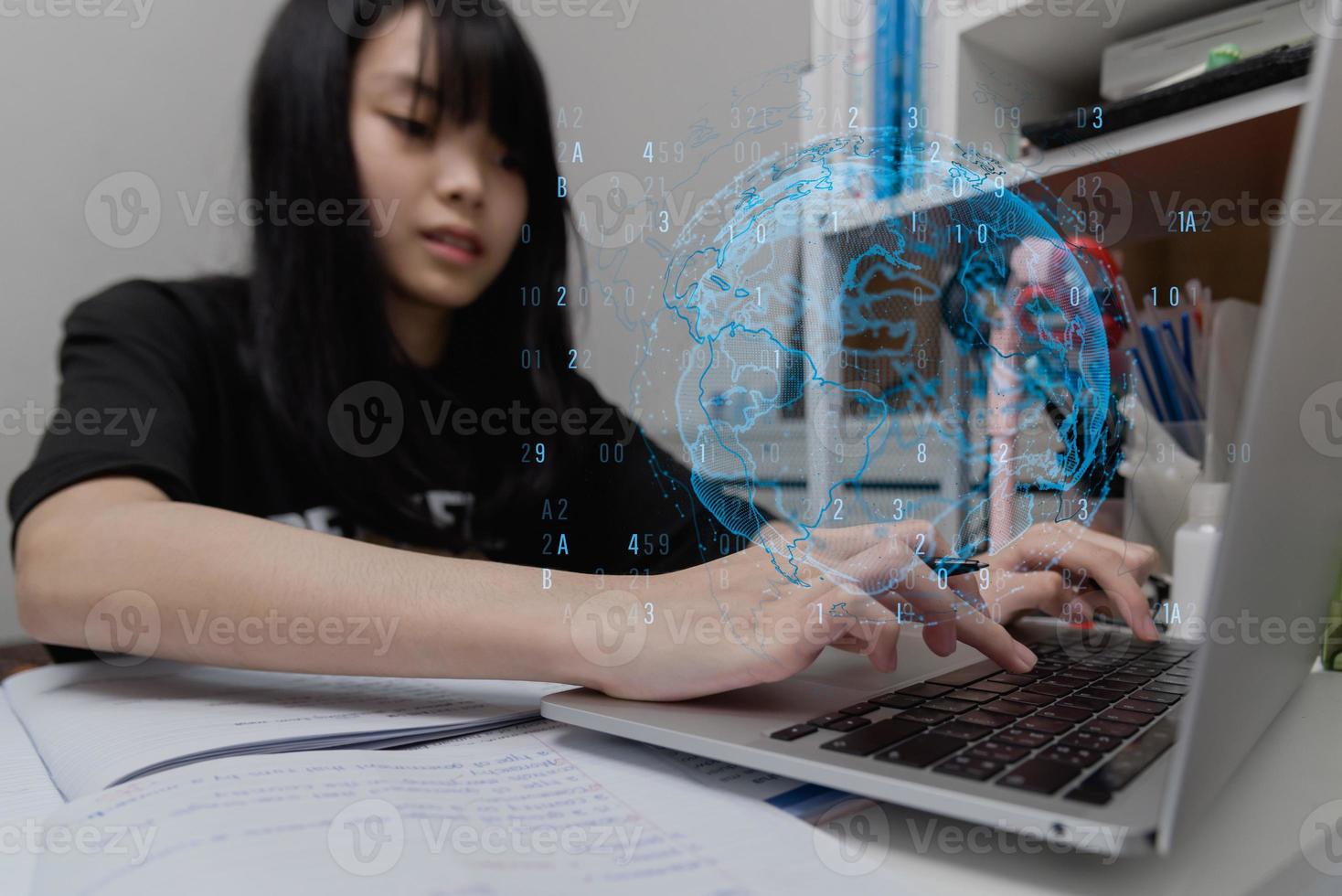 Girl e learning using computer laptop education technology digital internet network online. photo