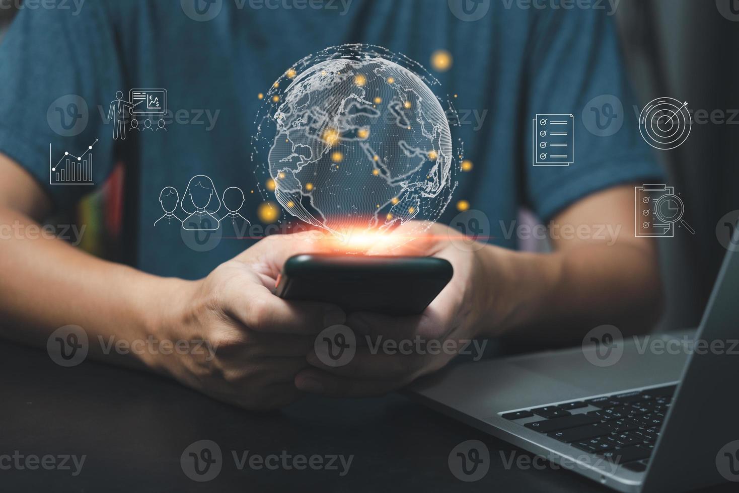 Hands of business holding global digital Technology education online networking and data exchanges connection icon virtual concept. photo