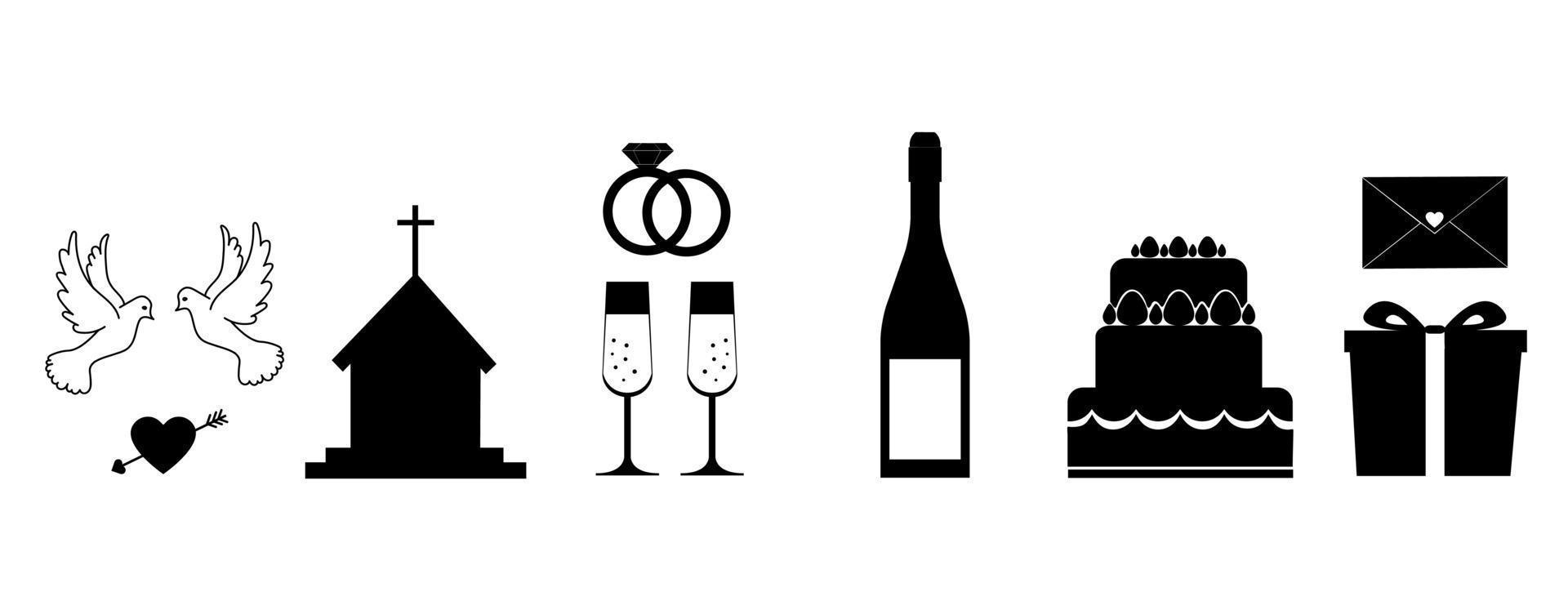 conjunto de iconos lineales de boda. ilustración vectorial en blanco y negro aislada sobre fondo blanco. vector