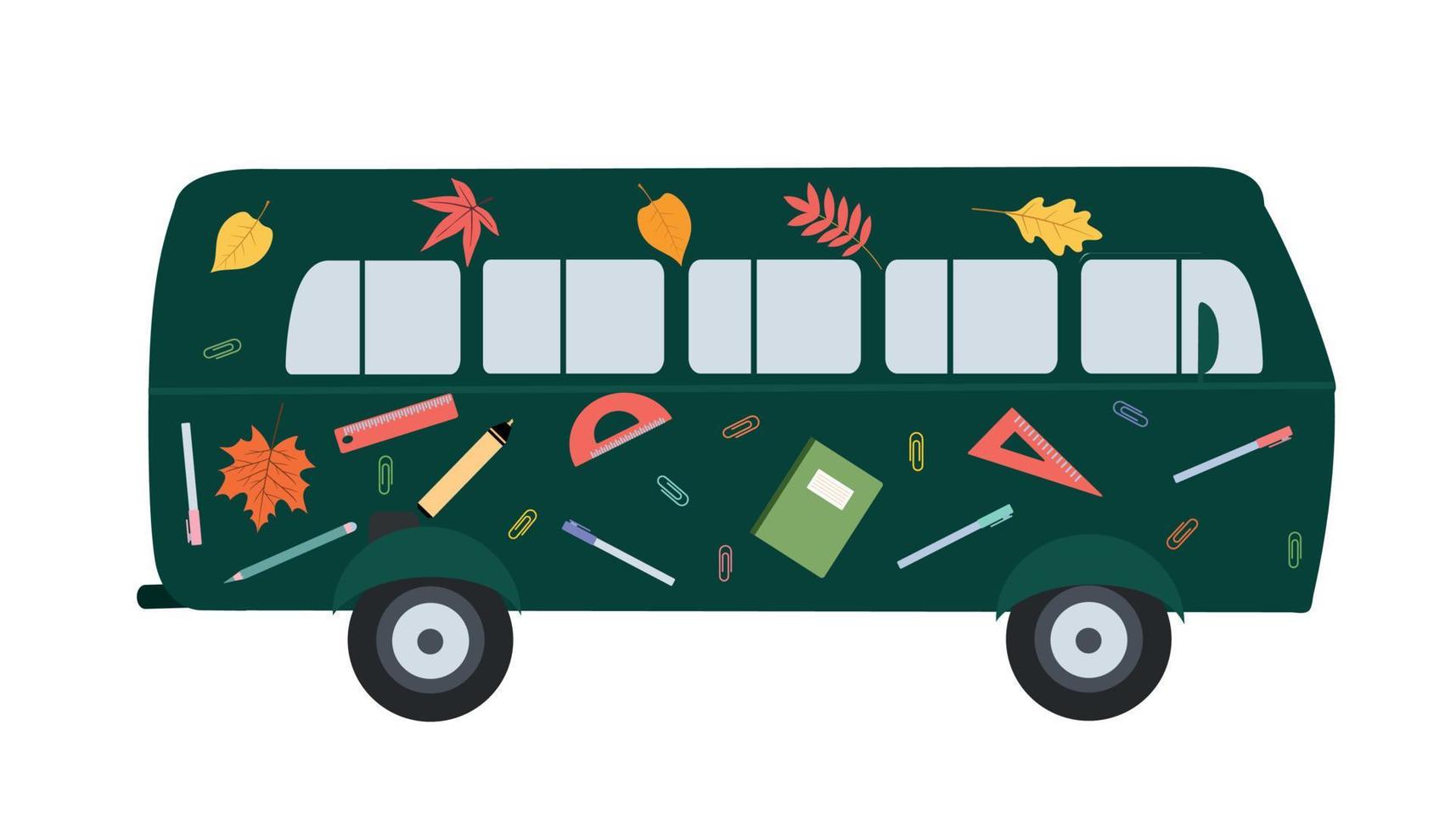 Vector design of a flat bus with drawings of school supplies on the bus. Back to school