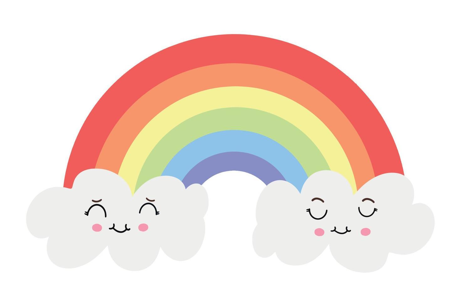 Colorful rainbow with white clouds in kawaii style. Rainbow vector icon on blue background.