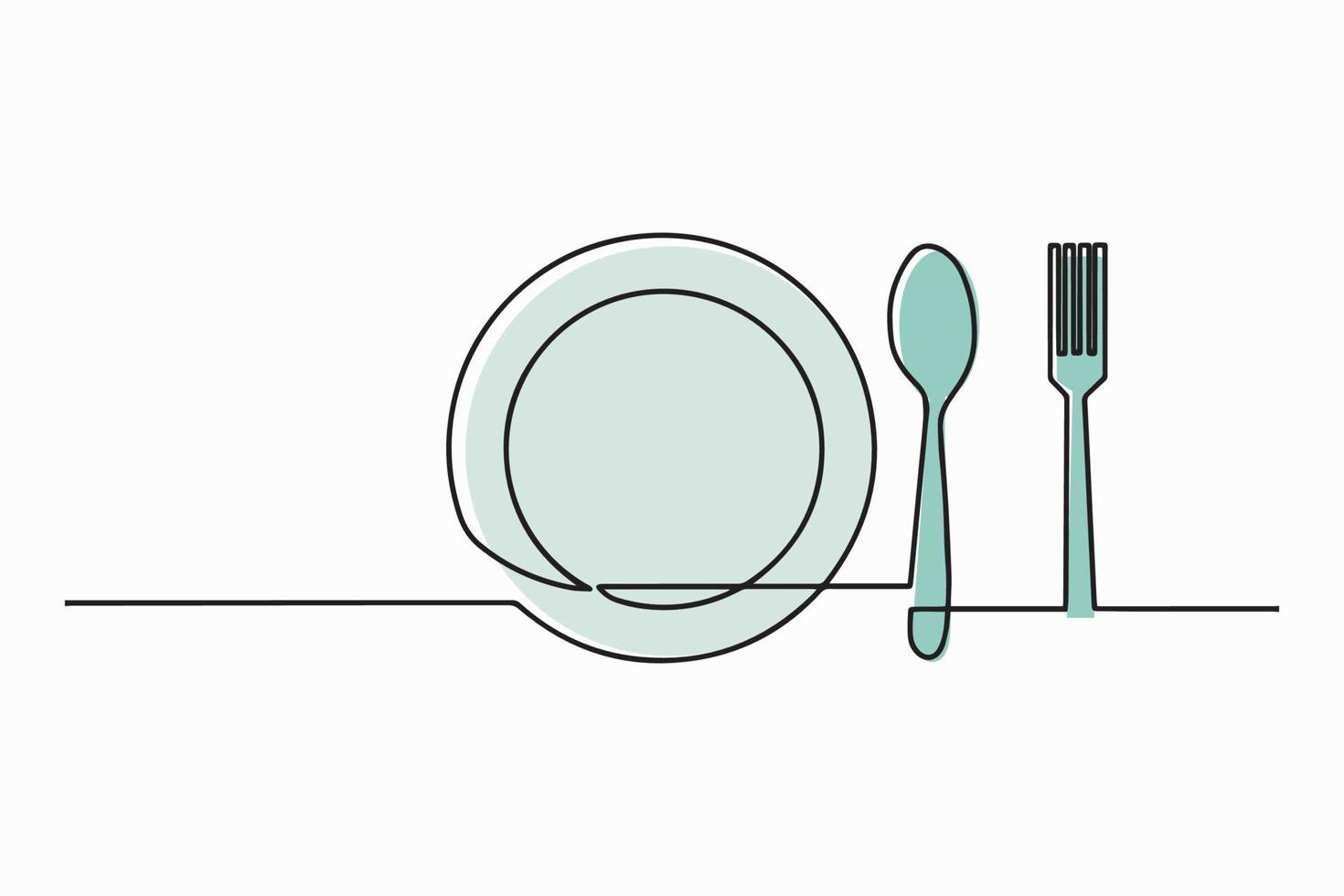 Continuous line drawing of clean plate, spoon, fork. One line art concept for restaurant and cafe. Vector illustration
