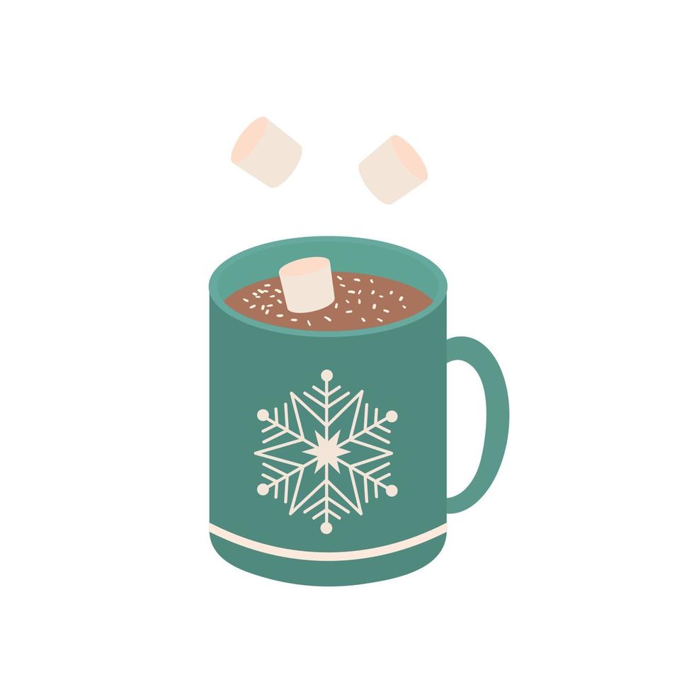 Hot chocolate with marshmallows. A cup with an ornament in the form of a snowflake. Vector illustration isolated on a white background