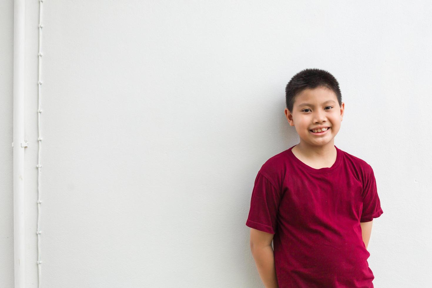 Portrait of little Asian kid boy handsome standing smiling happily confident gesture on a white background photo