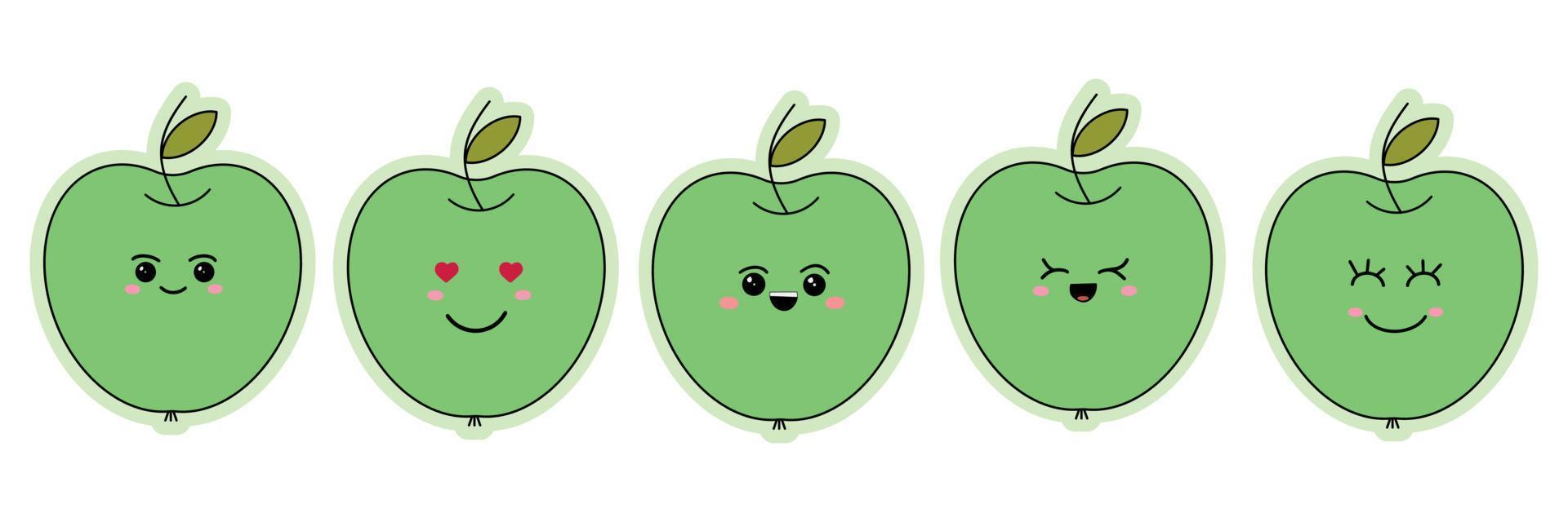 un conjunto de pegatinas de divertidos emoticonos en una manzana verde. divertidos emoticonos de dibujos animados. ilustración vectorial aislado sobre fondo blanco vector