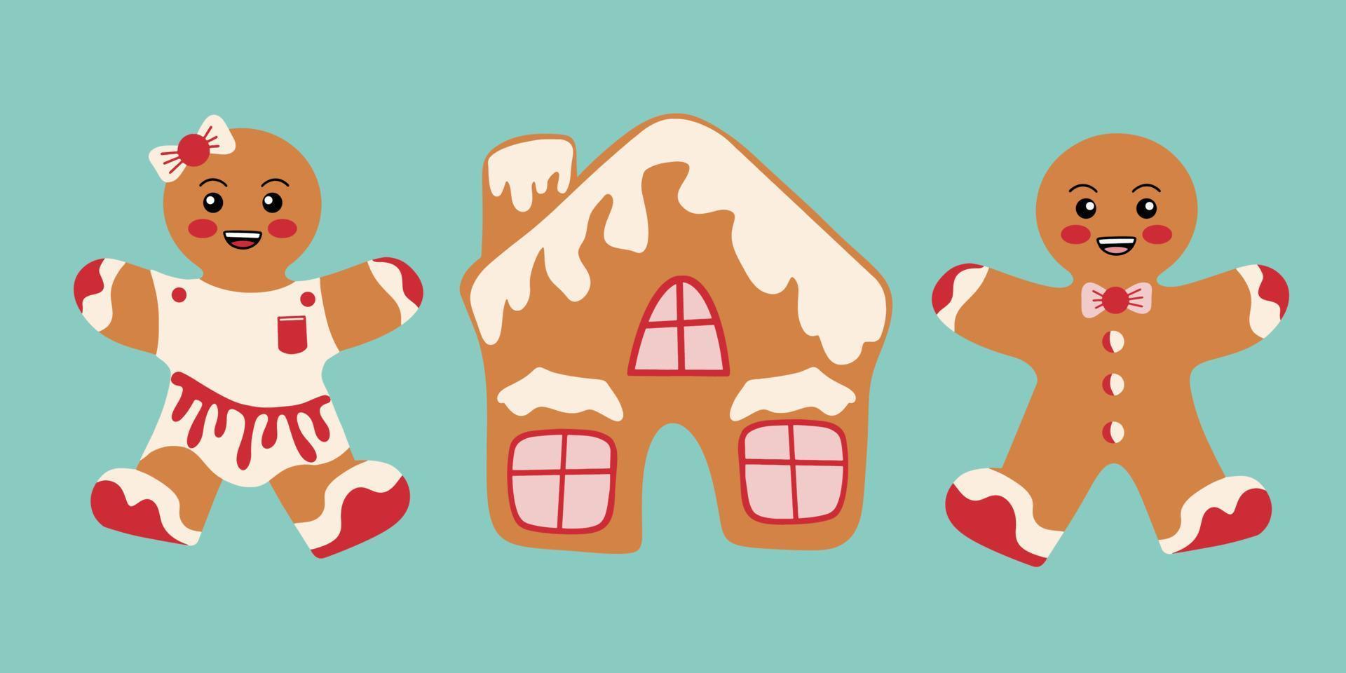 Festive cookies with gingerbread men. Gingerbread in the form of men with colored glaze. Merry Christmas decoration. Celebration of New Year and Christmas vector