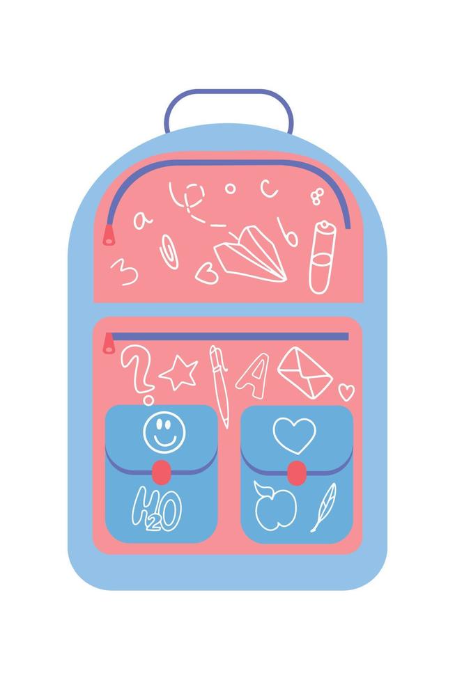 Multicolored school backpack. Vector illustration in a flat style with doodle drawings
