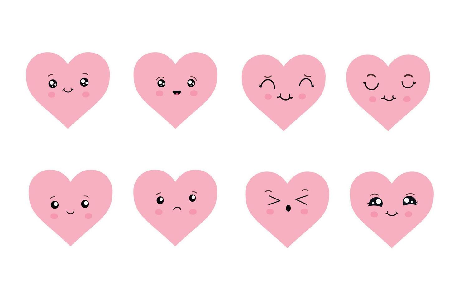 Kawaii hearts, a set of cute emoji icons. Hand-drawn emotional cartoon characters. Cute love characters with different faces, funny positive emotions vector