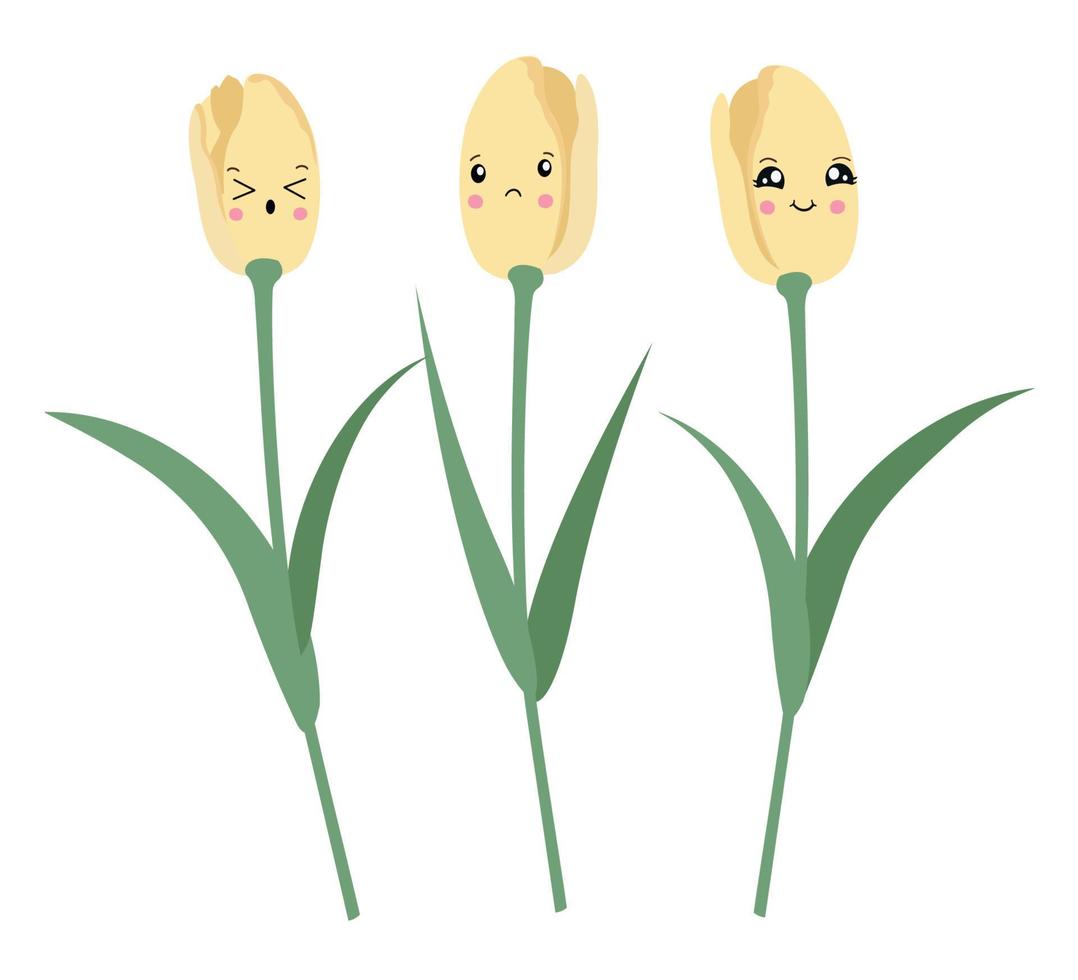 Vector set of isolated yellow tulips. Tulips in kawaii style