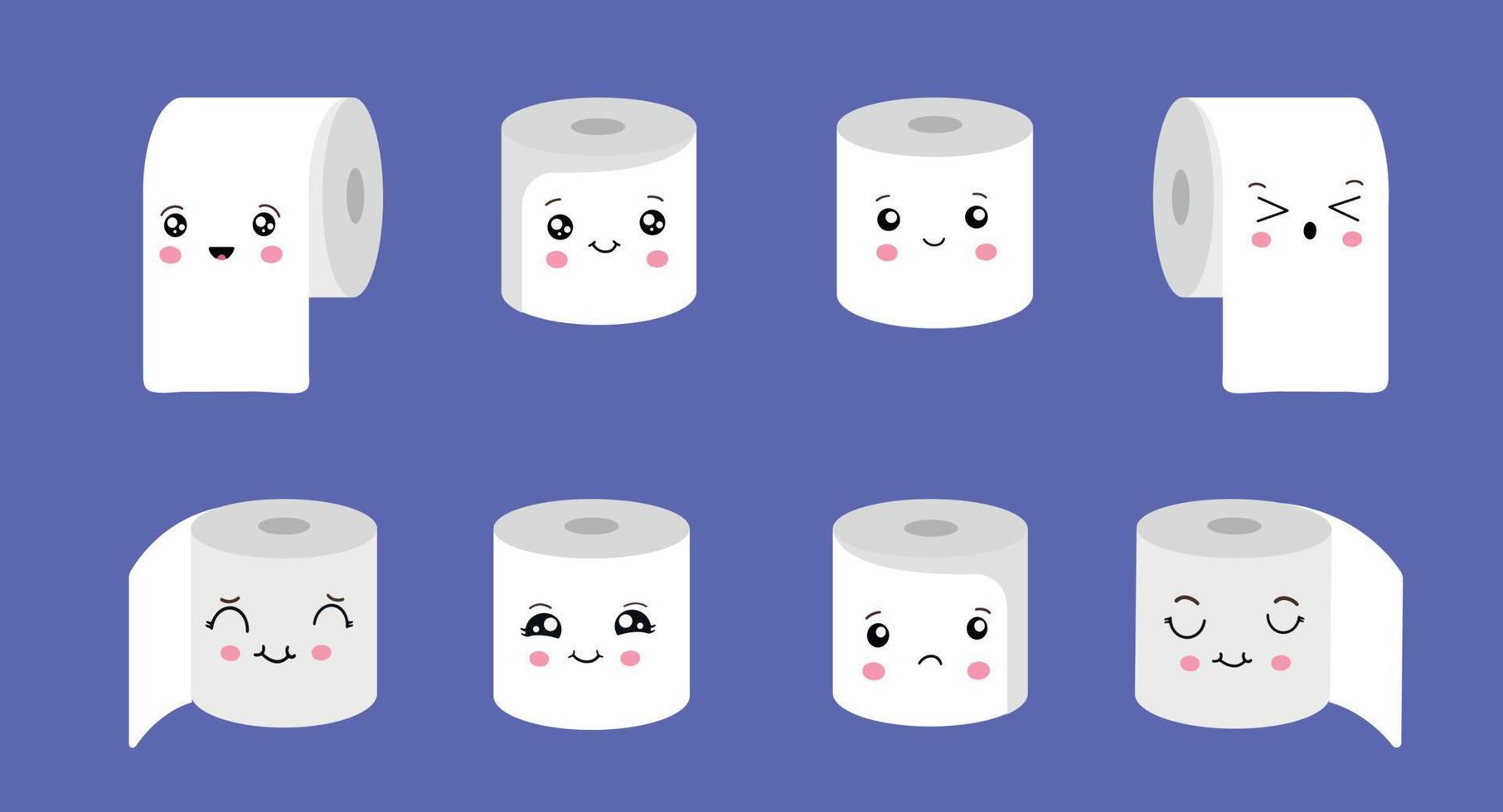 juego de rollos de papel higiénico en diferentes posiciones. inodoro y elemento de baño. Higiene y sanidad. conjunto de emoji de papel higiénico vectorial. divertidos emoticonos de dibujos animados. vector