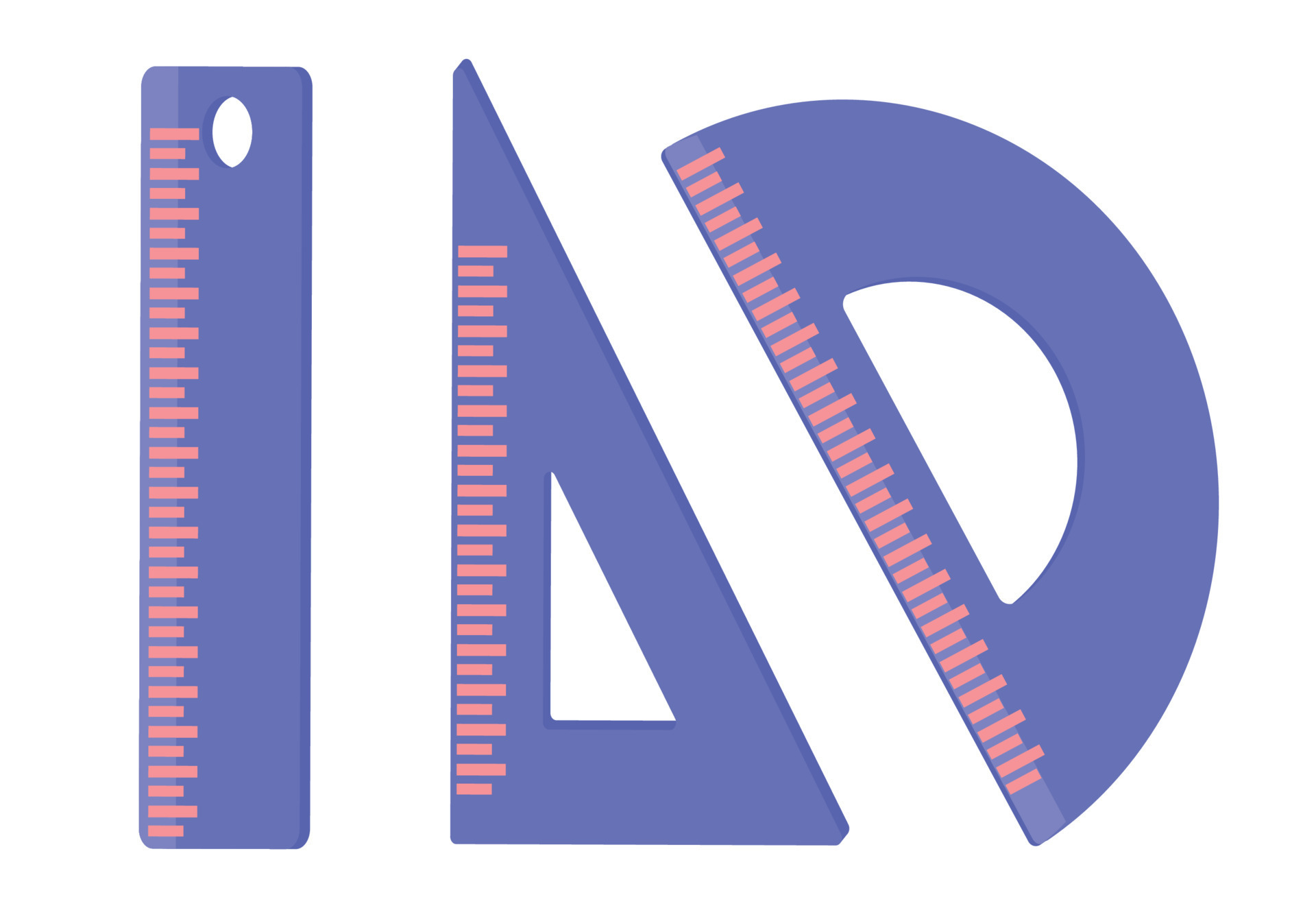Set of purple rulers. Ruler, Triangle Ruler, Protractor for school and