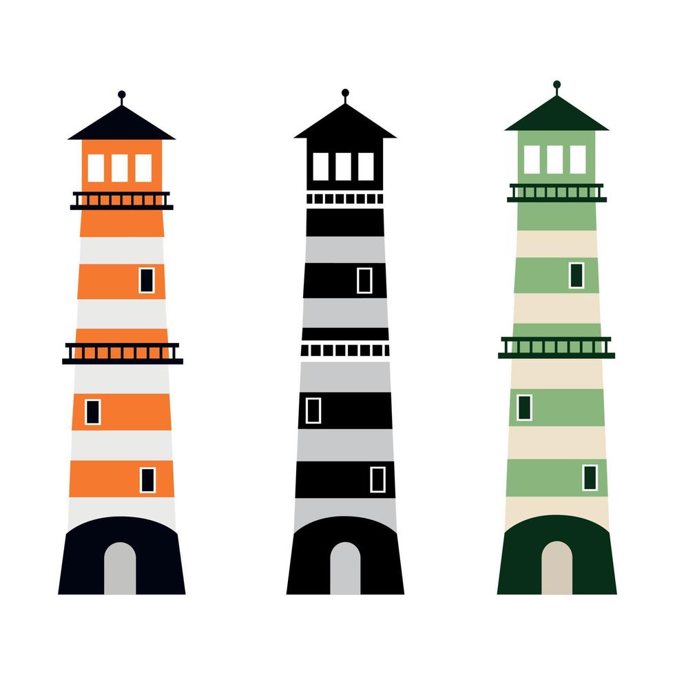 Set of multicolored lighthouse navigation object towers, template vector illustration isolated on white background.