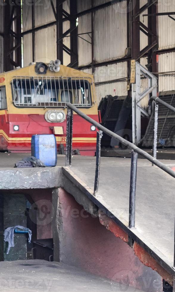 Kalka, Haryana, India May 14 2022 - Indian toy train diesel locomotive engine at Kalka railway station during the day time, Kalka Shimla toy train diesel locomotive engine photo