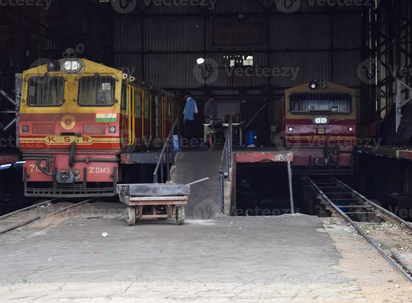 Kalka, Haryana, India May 14 2022 - Indian toy train diesel locomotive engine at Kalka railway station during the day time, Kalka Shimla toy train diesel locomotive engine photo