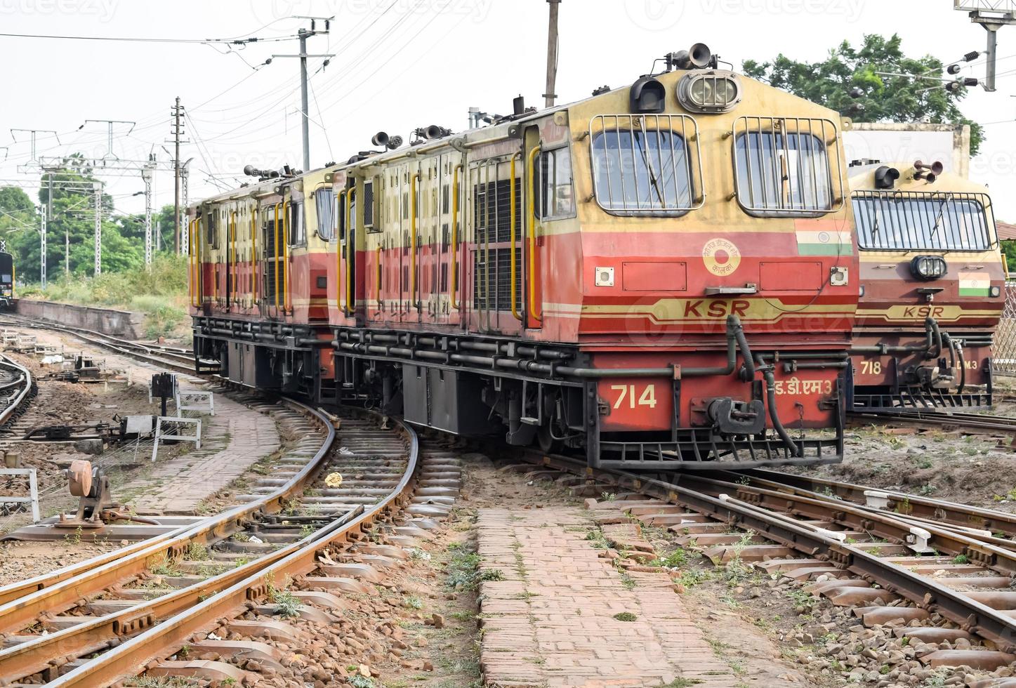 Kalka, Haryana, India May 14 2022 - Indian toy train diesel locomotive engine at Kalka railway station during the day time, Kalka Shimla toy train diesel locomotive engine photo