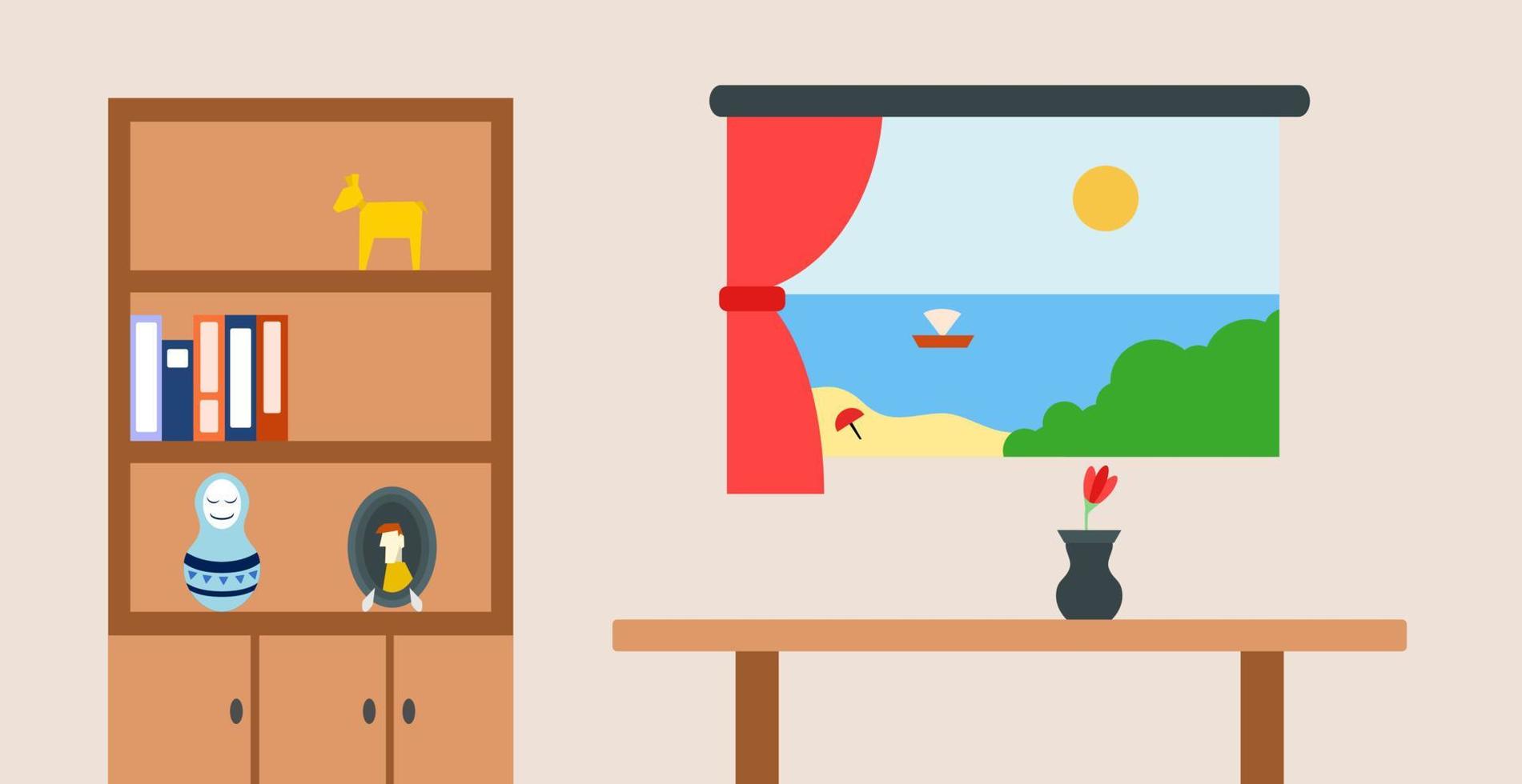 living room of beach house consist of cupboard, books, photo frame, doll, vase, and table vector