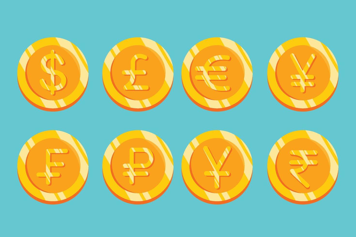 Money coin icon. Flat gold coin vector with currency symbol. isolate on white background.franc,rupe,ruble,pound dollar euro yuan yen