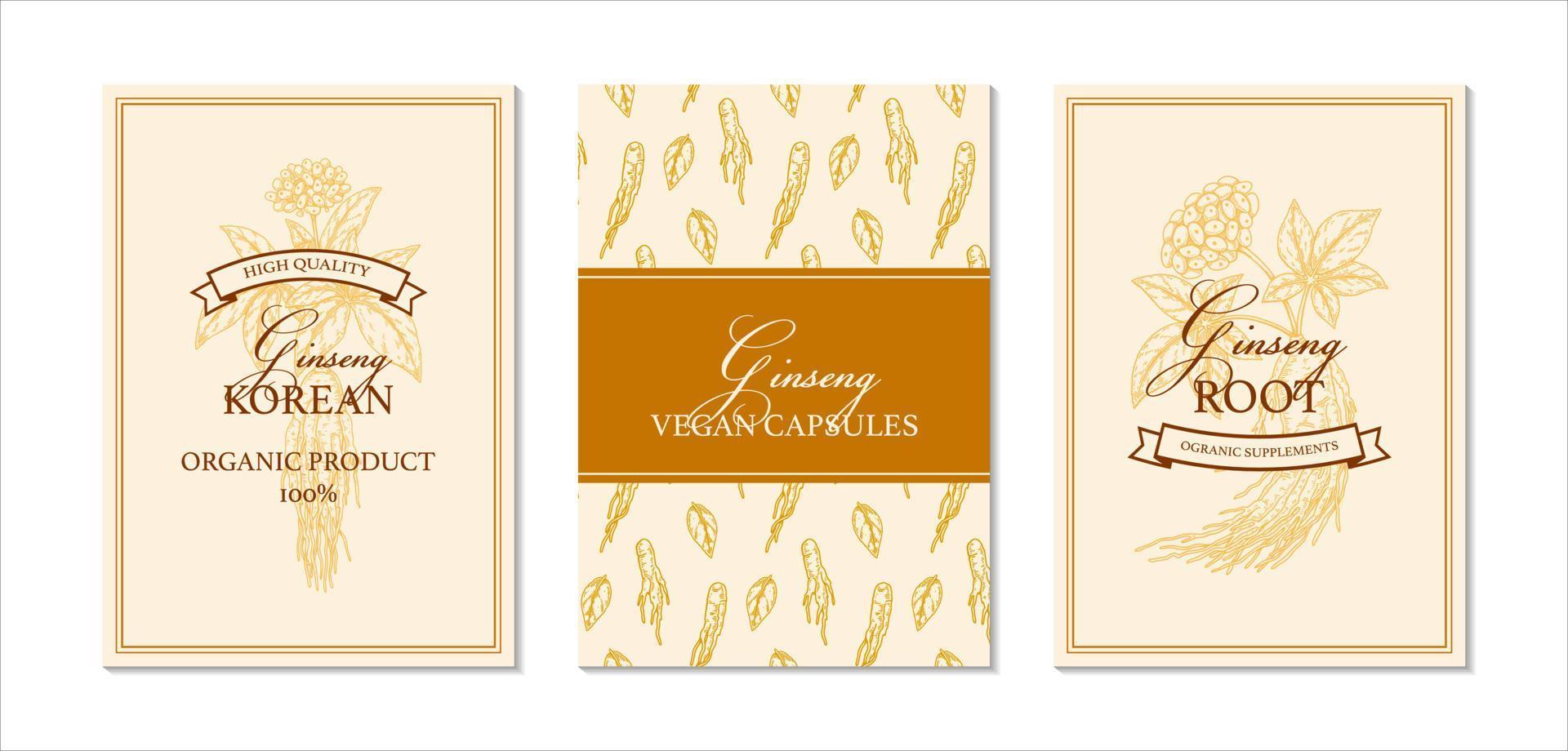 Set of hand drawn ginseng packaging designs. Botanical vector illustration in sketch style