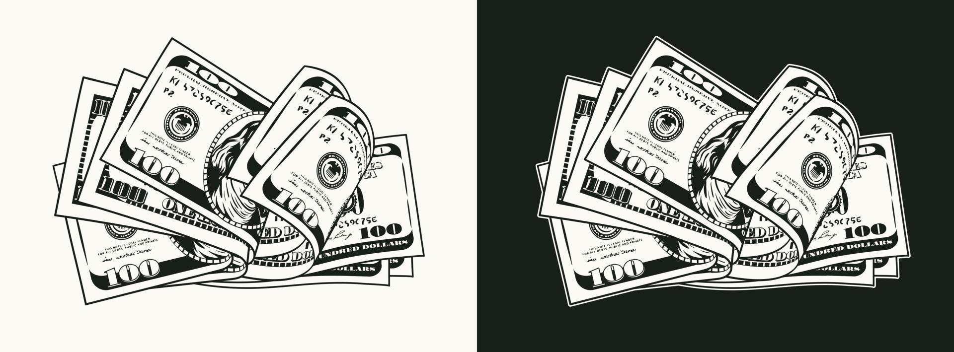 Pile of folded 100 dollar banknotes, bills. Heap of cash money. Black and white monochrome isolated vector illustration. Vintage style.