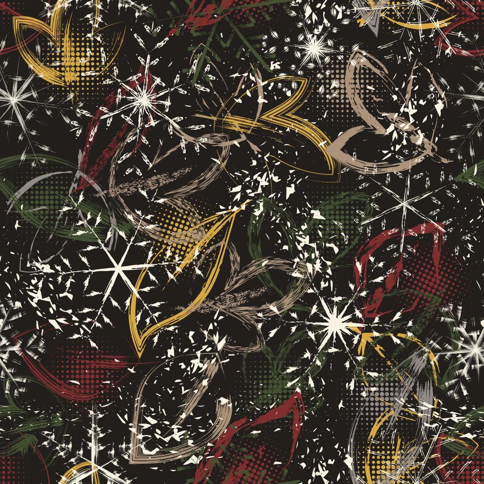 Pattern with grunge silhouette of snowflakes, autumn leaves, round halftone shapes. Abstract rough brush strokes, paint smears. Late autumn illustration. vector