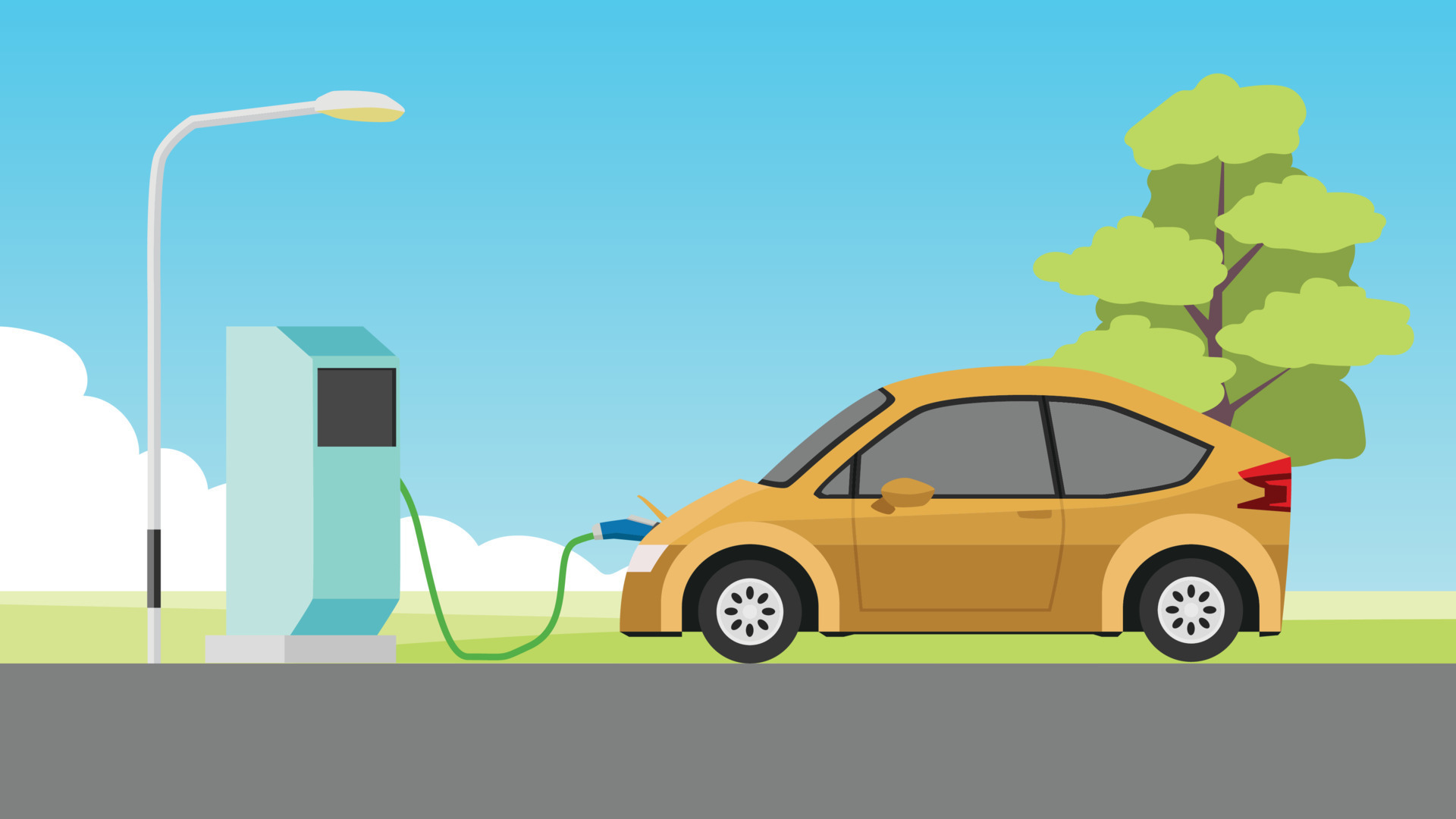 Vector or illustrator of EV station. An electric vehicle that is refueling  from a charging station. Background of car parking on asphalt road with  green grass and tree under blue sky and