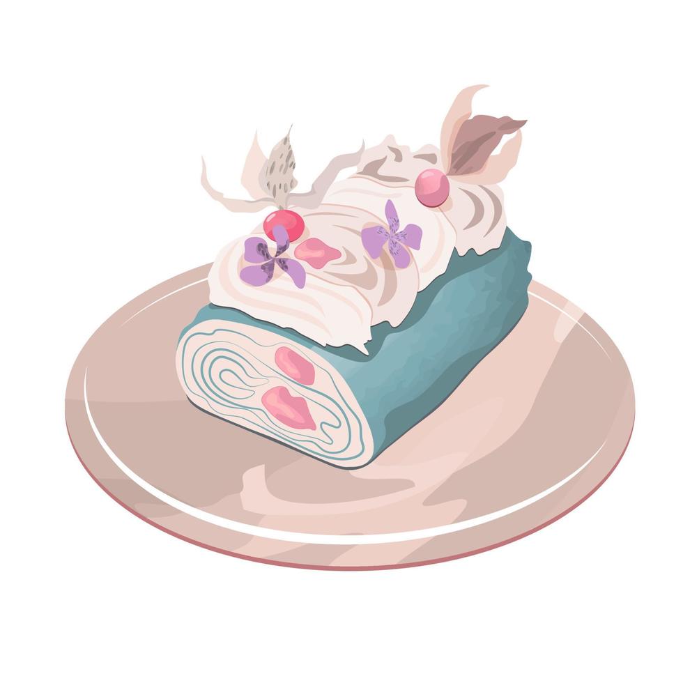 The peace of the blue cake with cream and pink berries anf violet flowers on vector