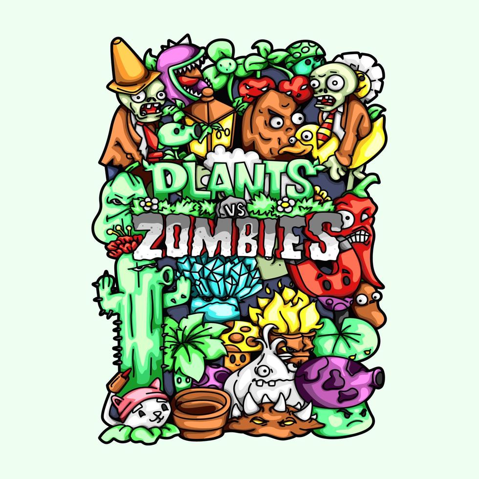 Plants vs zombies doodle ilustraciones de diseño de elementos vectoriales vector