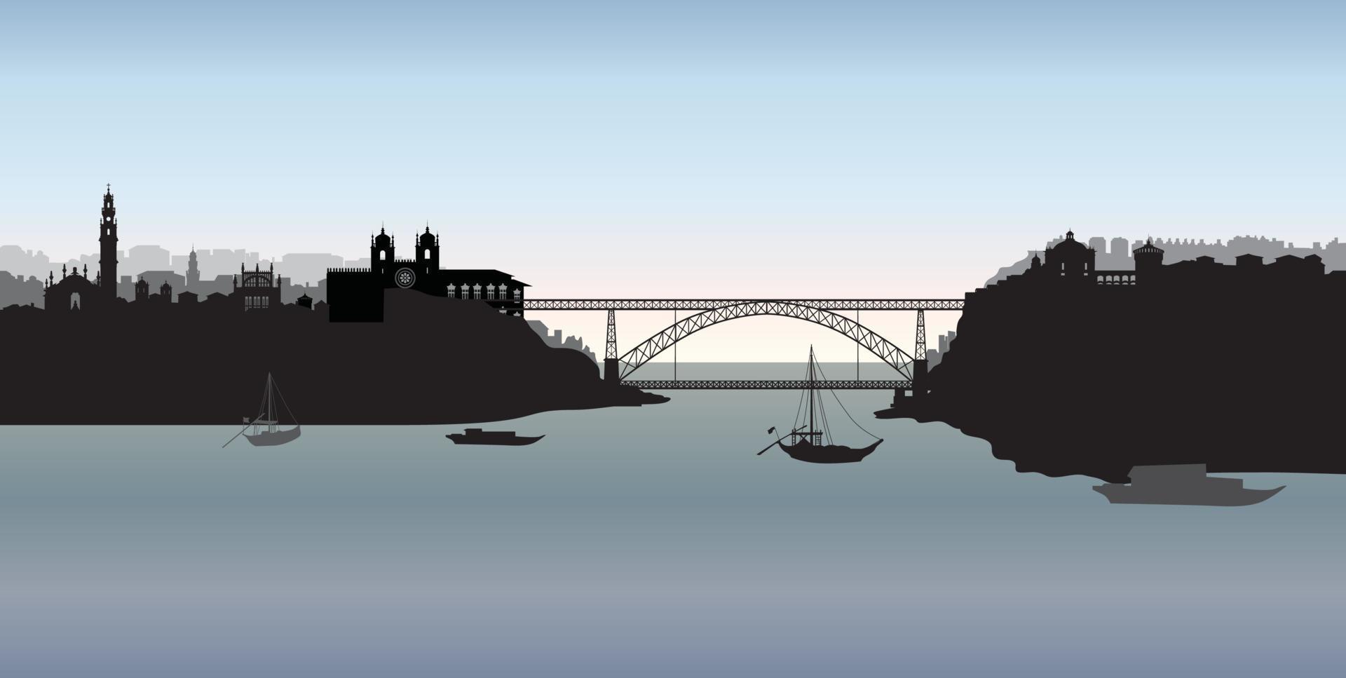 vista panorámica del horizonte turístico de la ciudad de portugal. Paisaje urbano portugués con el famoso puente del río Douro vector
