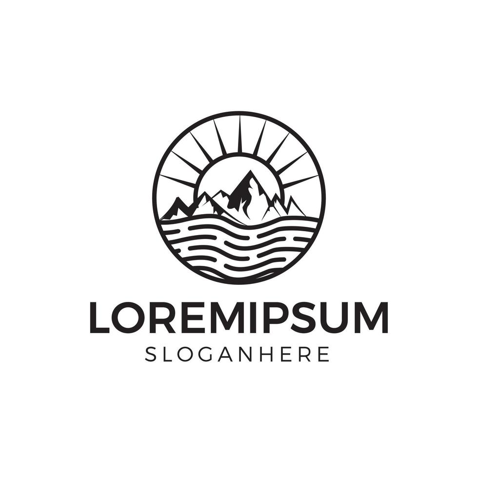 Mountain Sun River logo design, line art logo design vector