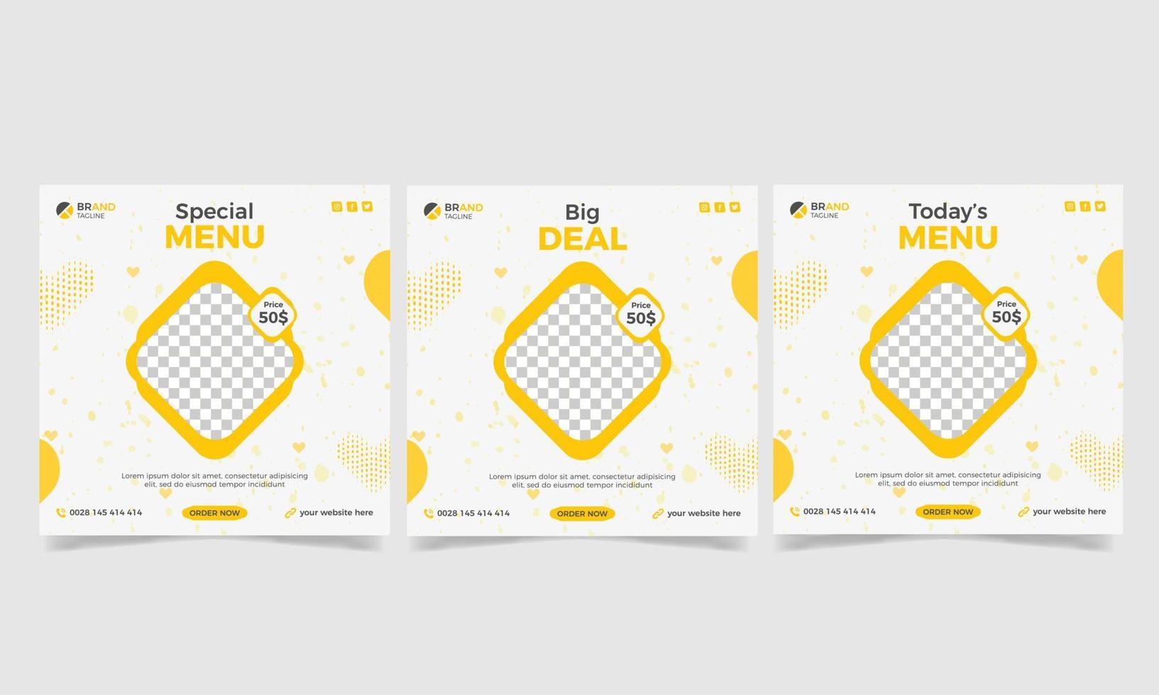 publicación en redes sociales para comida de restaurante, diseño de banner de menú de hotel de color amarillo, diseño de publicación de comida en redes sociales vector