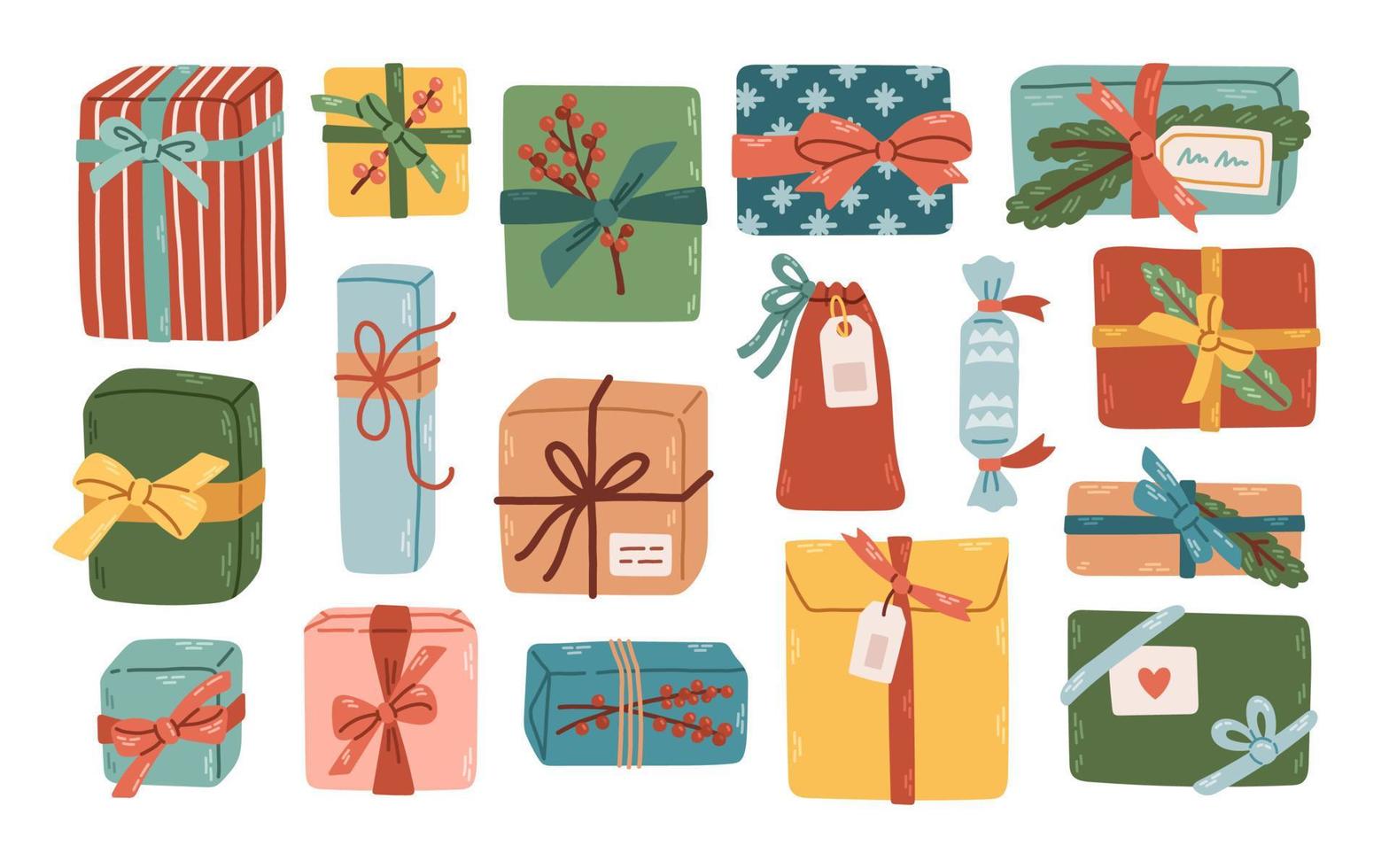 Conjunto de imágenes prediseñadas de cajas de regalo de Navidad. acogedora ilustración de invierno. pegatinas presentes en estilo plano. vector