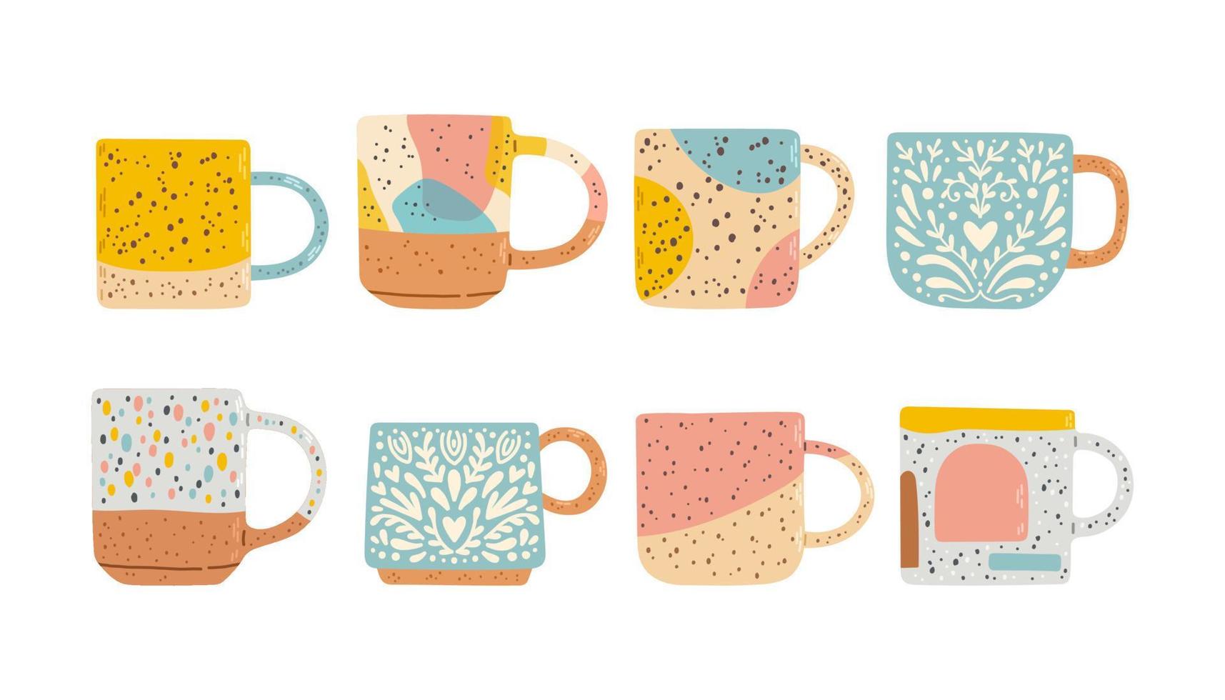 colección de diferentes tazas modernas decoradas con elementos de diseño vector ilustración plana