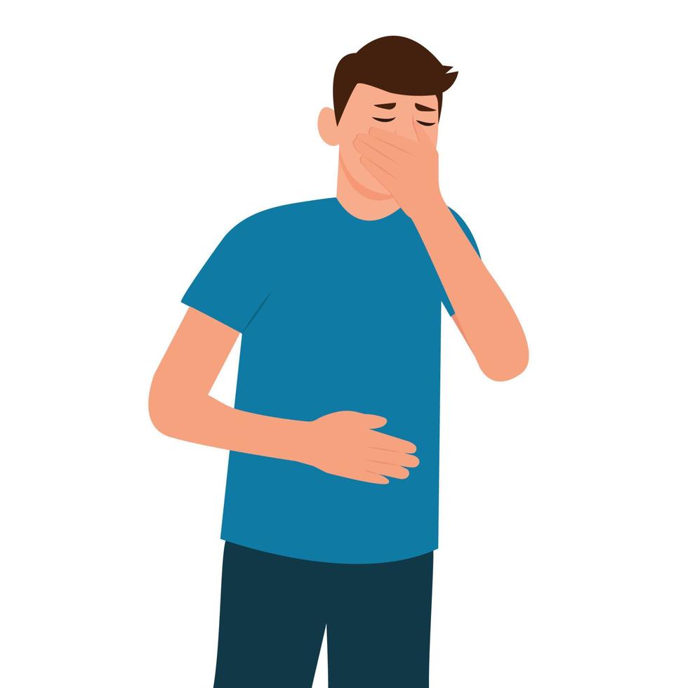 The man suffers from nausea.  Vomiting. Symptom of illness, health problems. Poisoning,Abdominal pain.Isolated flat vector illustration