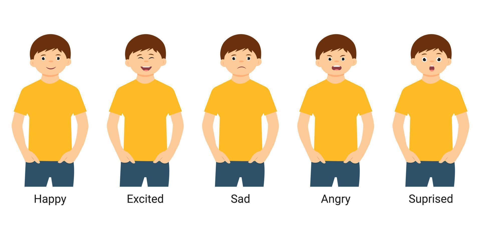 Cute  boy emotions set.Happy,excited,sad,angry,suprised. Vector illustration,isolated