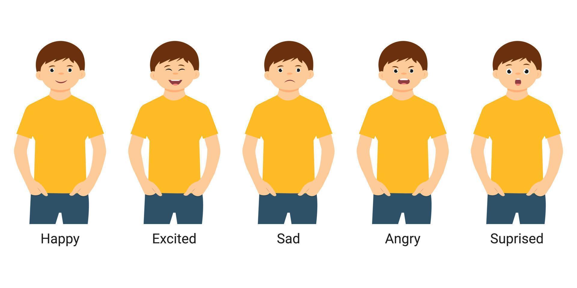 Cute  boy emotions set.Happy,excited,sad,angry,suprised. Vector illustration,isolated