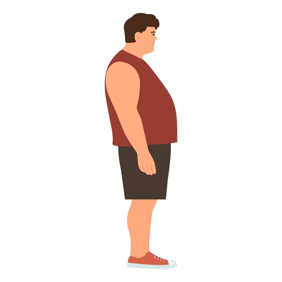 Man in profile with   overweight. Problems with excess weight. The concept of bad eating habits, gluttony, obesity and unhealthy eating. Vector illustration