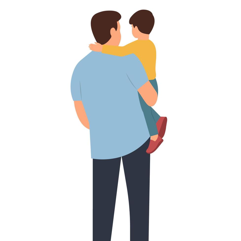 Father  holding  his son in his arms. Happy father's day backside view isolated vector illustration.