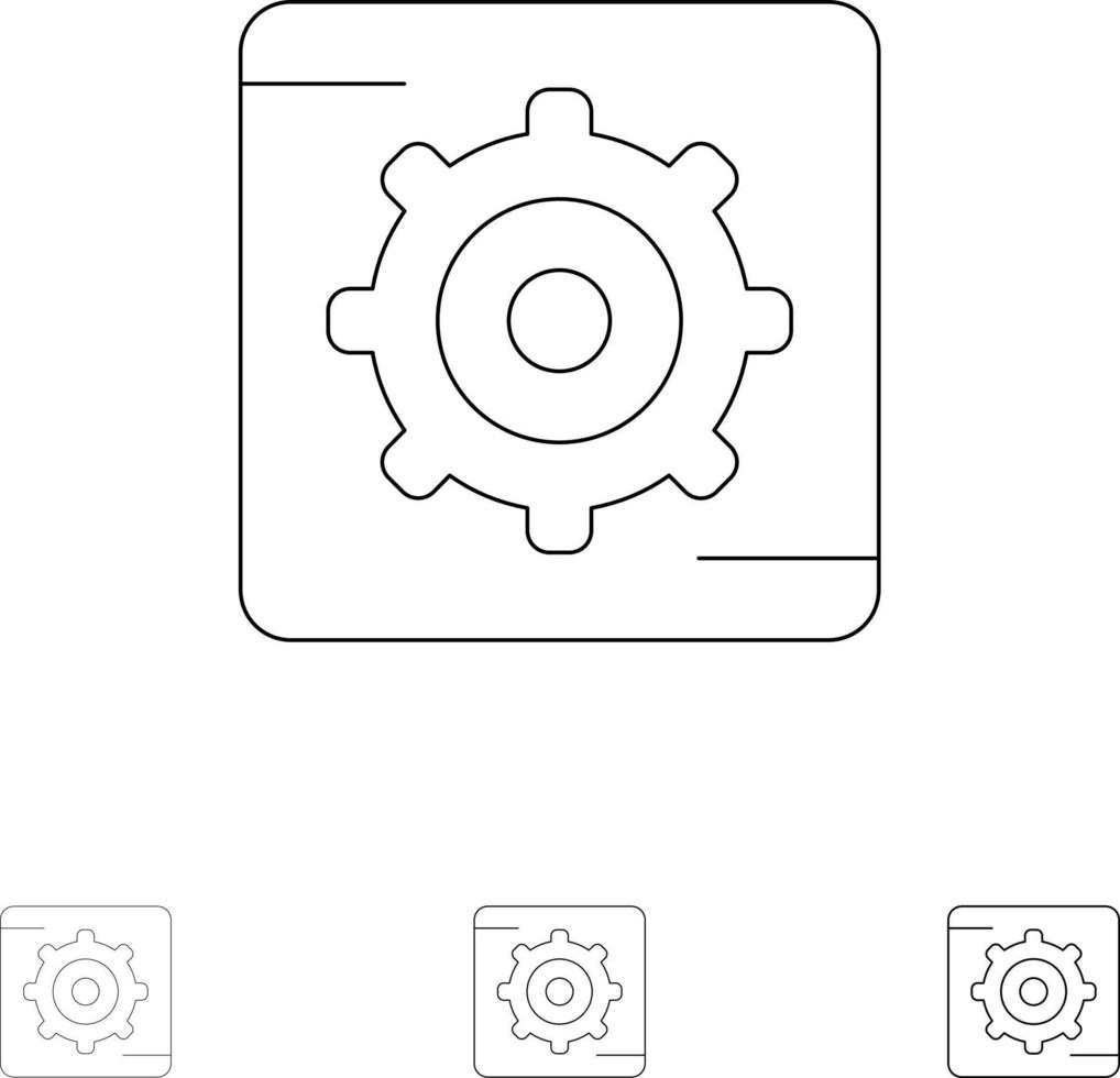 conjunto de iconos de línea negra en negrita y delgada caja de configuración de engranajes vector